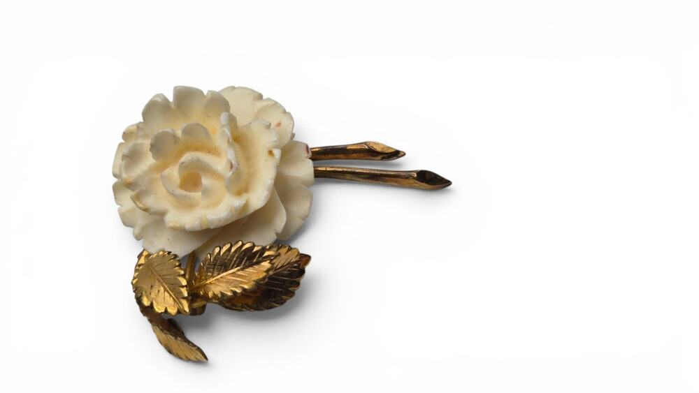 Vintage Creed 12K Gold Filled Carved Bone Rose Floral Brooch Pin